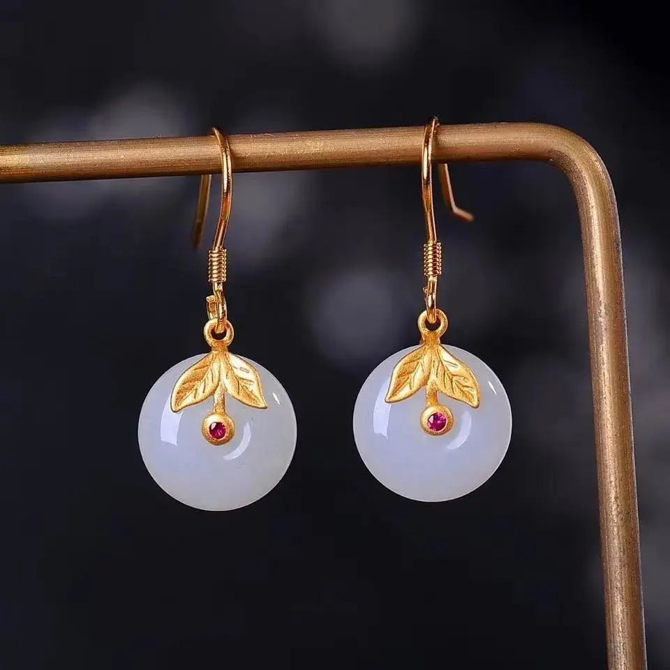Natural Hetian Jade Safeness Ring Leaf Earrings Ancient Gold Chinese Style Simple and Compact Versatile Personality Vintage