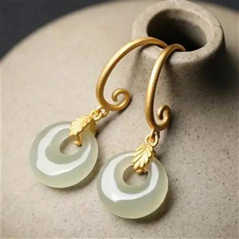 Hetian Gray Jade Peace Buckle Eardrops Gold Inlaid with Jade S925 Silver Earrings Jade Trendy Elegant High-Grade Ear Hook