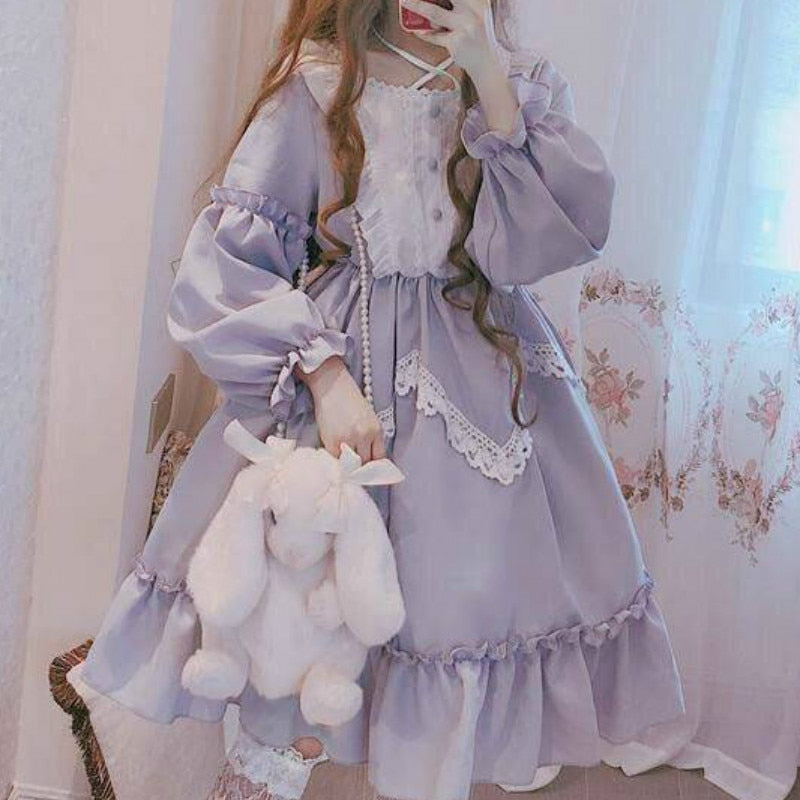 Japanese Gothic Lolita Dress Women Kawaii Palace Princess Bow Lace Sweet Dresses Vintage Renaissance Fairy Party Dress Cosplay
