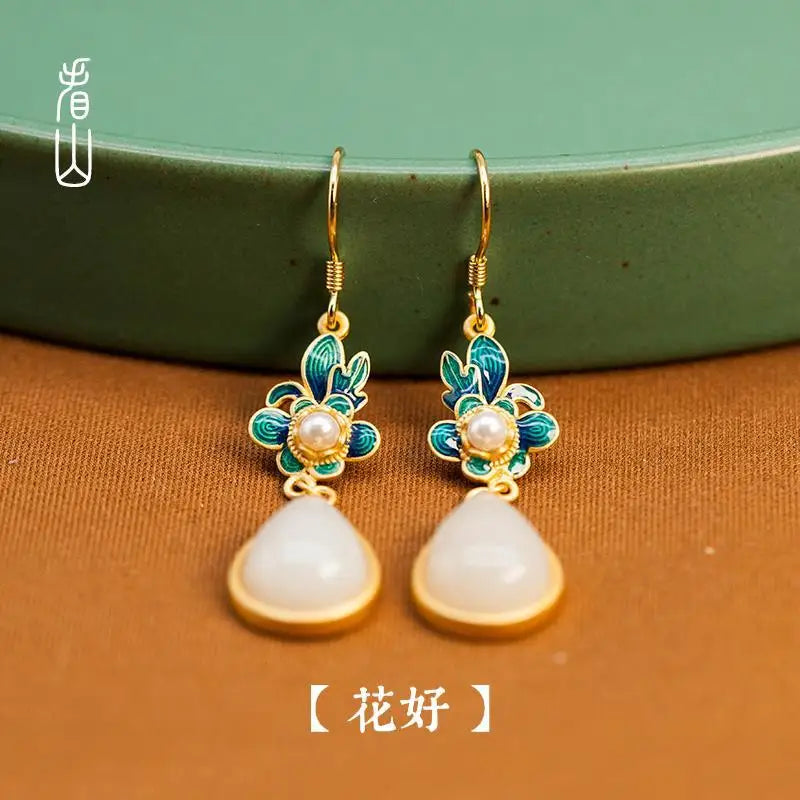Original | Flower Good | Hetian White Jade Stone Earrings Nail Women's Sterling Silver Long Enamel National Style Earrings New
