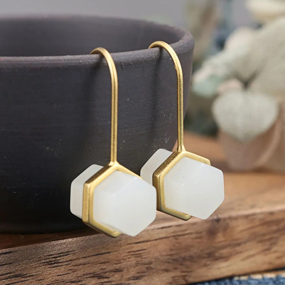 Natural Hetian Jade S925 Sterling Silver Hexagonal White Jade Earrings Honeycomb Personality All-Match Gold Inlaid with Jade