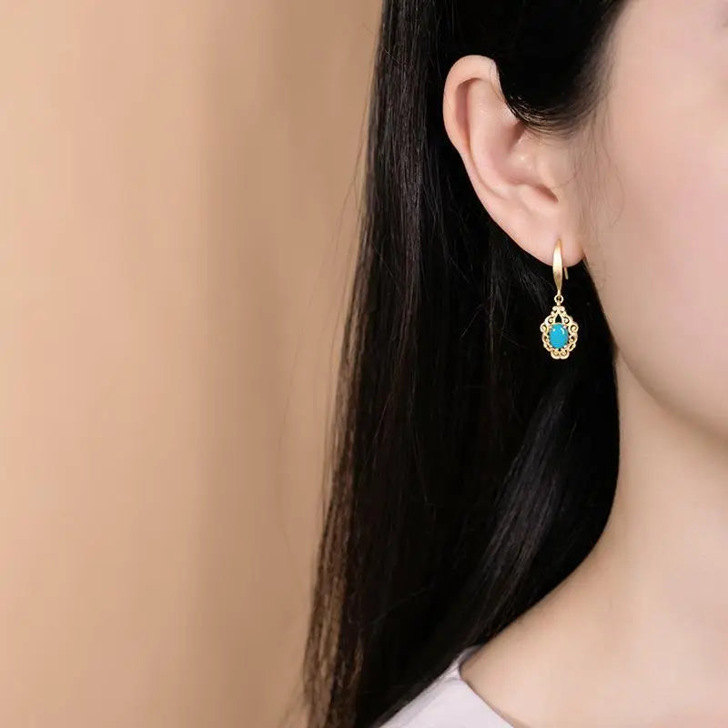S925 Sterling Silver Ancient Gold Plated Vintage European Style Baroque High-Grade Earrings American Blue Turquoise round Face E
