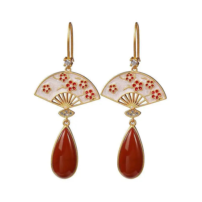 Meikai Wufu Plum Fan-Shaped Southern Red Agate Earrings Earrings New S925 Sterling Silver Gilding Earrings Chinese Style