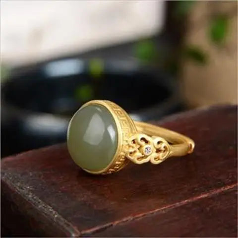 S925 Sterling Silver Gold Plated Gray Jade round Ring Hetian Jade Ruyi Return Pattern Open Ring Palace Style Gold Bracelet