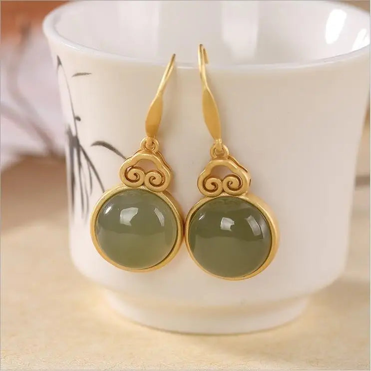 Hetian Jade Gray Jade Stud Earrings for Women Simple Cold Style All-Match round High Profile Retro Drop Earrings Long Sterling S