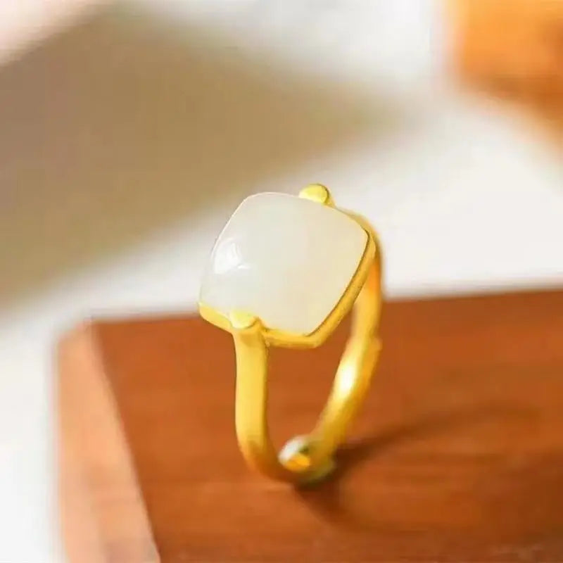 Hetian Jade Women's Ancient Gold Inlaid Jue Suet Square-Shaped High-Grade Frosted Gold Open Jade Ring