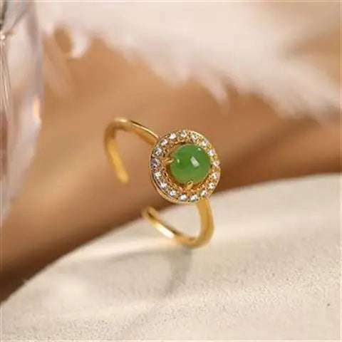 Hetian Jade Green Jade Ring Personalized Original Design Women's Open Ring Fresh S925 Sterling Silver Gold Plated Natural