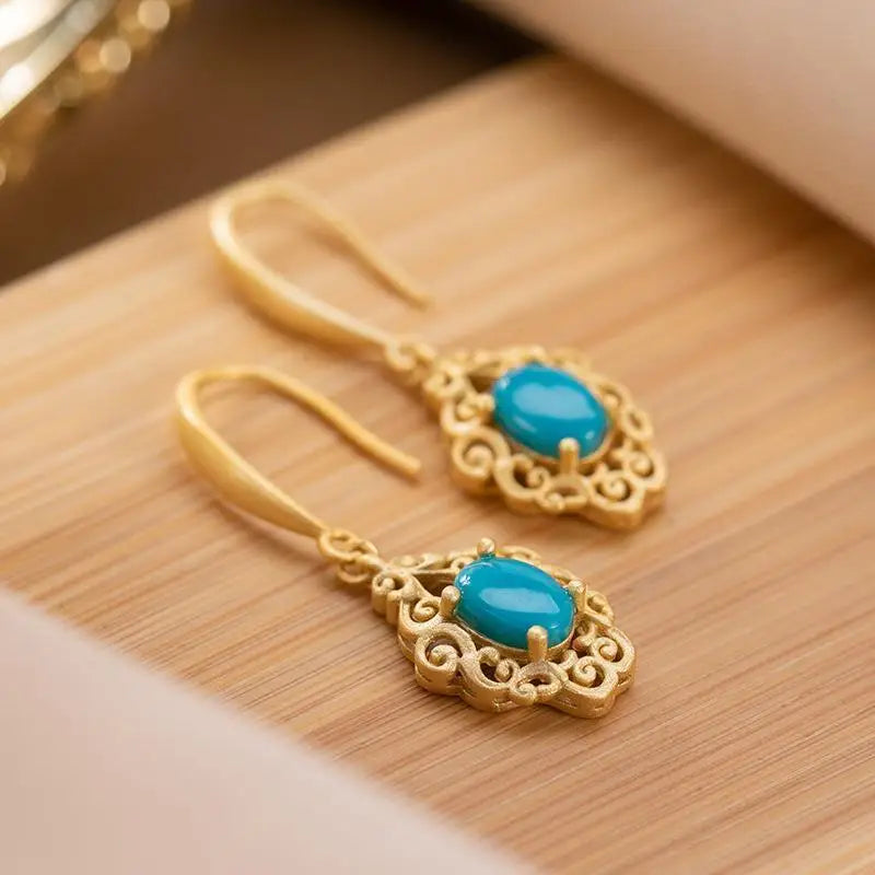 S925 Sterling Silver Ancient Gold Plated Vintage European Style Baroque High-Grade Earrings American Blue Turquoise round Face E