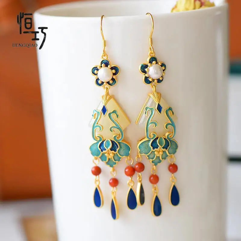 Super Fairy South Tianmen Set Sterling Silver Cloisonne Hetian Jade Earrings Necklace Ring Retro Ethnic Style Female to Give Mom