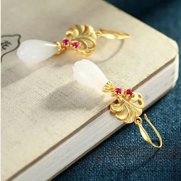 S925 Silver Gold Inlaid Hetian Jade Orchid Eardrops Women's Long Natural Magnolia Earrings Graceful and Fashionable White Jade