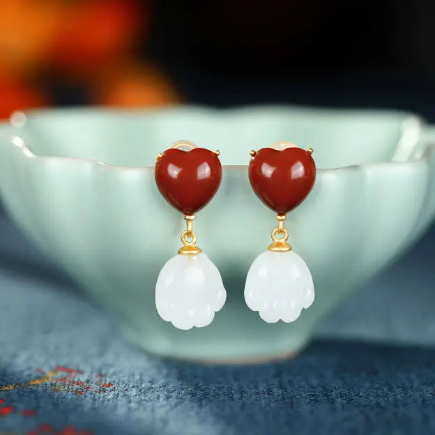 S925 Sterling Silver Natural South Red Agate Hetian Jade Love Cat Paw Jade Cute Personality Ear Stud Earring Women's