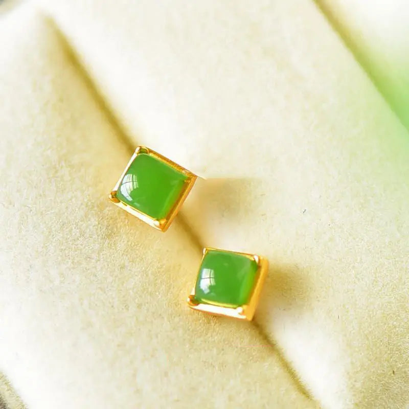 Small Ear Studs Women's Mini Exquisite Hetian Jade Stud Earrings Simple and Compact Sterling Silver Square Earrings Green