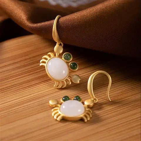 Hetian Jade Earrings Female S925 Sterling Silver Gilding Fashion Personality Little Crab Set White Jade Earrings Ring Silver