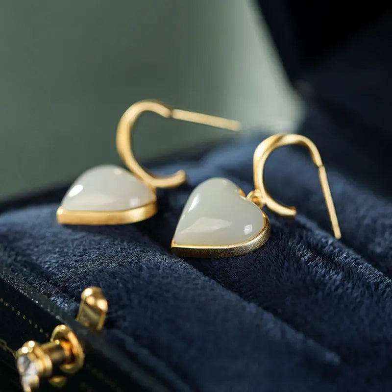 Hetian Jade Heart-Shaped White Jade S925 Sterling Silver Eardrops Female with Hearts Earrings Peach Heart Exquisite Stud Earrin