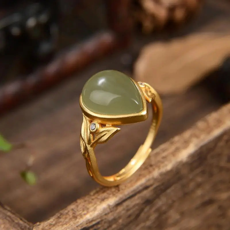 Original Design S925 Sterling Silver Gold-Plated Natural Hetian Jade Gray Jade Ring Vintage Bamboo Leaf Drop-Shaped Open Ring