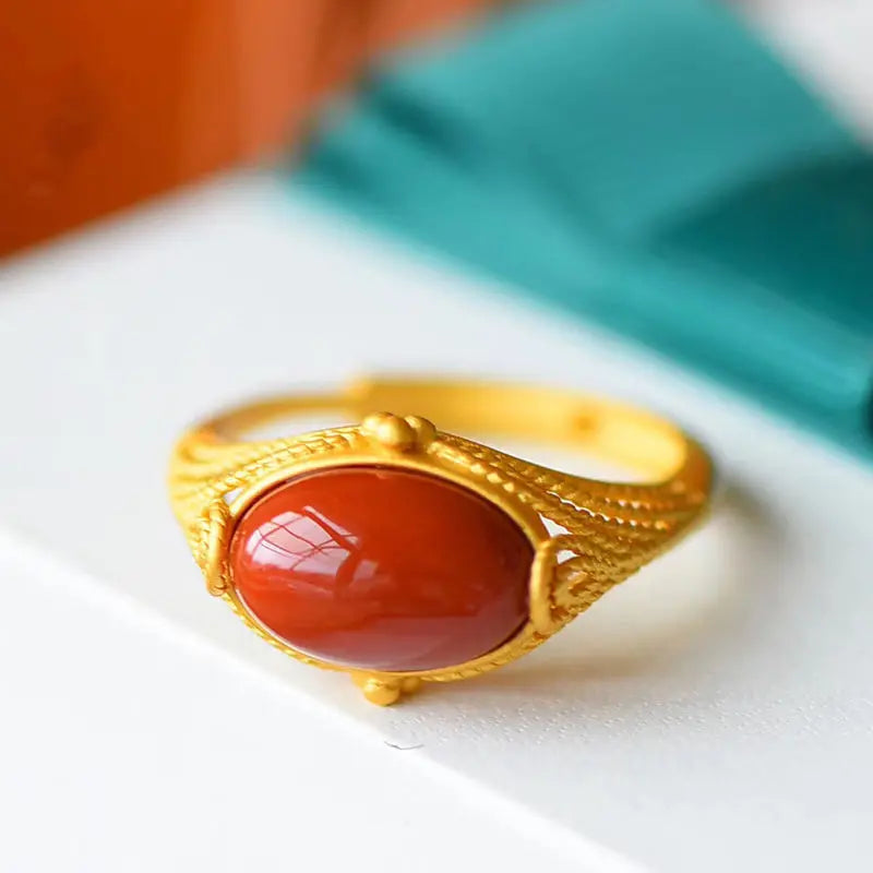 Natural South Red Agate Ring Female S925 Sterling Silver Inlaid Gilding Craft Simple Fashion Elegant Adjustable Size