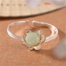 Load image into Gallery viewer, Original S925 Sterling Silver Inlaid Hetian Jade White Jade Lotus Creative Archaistic Ethnic Style Ladies Open-End Bangle

