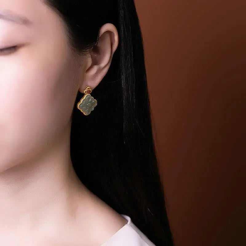 Natural Hetian Jade S925 Sterling Silver Fashion Classical Hanfu Cheongsam Match Hollow Pattern Ladies Eardrop Earring