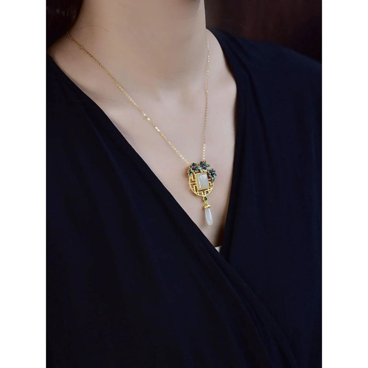New Hetian Jade Ancient Gold Window Sill Lattice Pendant S925 Silver Gilding Enamel Sweater Chain Female Elegance Retro