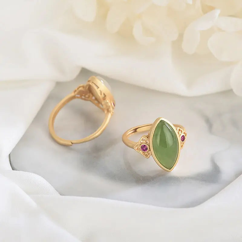 S925 Sterling Silver Inlaid Hetian Jade Green Jade Golden Auspicious Clouds Fancy High-End Elegant All-Match Ring Finger Women's