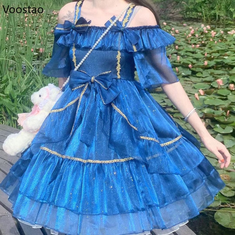 Japanese Sweet Arctic Night Lolita Princess Dress Girls Cute Chic Ruffles Lace Bow Party Dresses Women Kawaii Blue Mini Vestidos