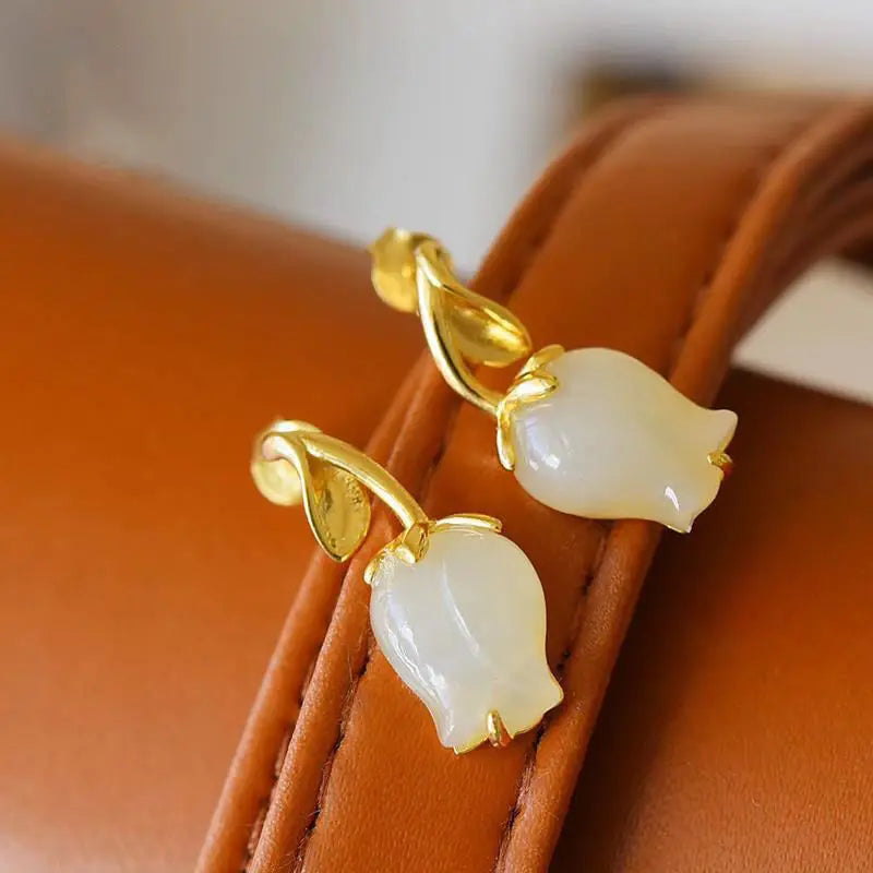 Tulip Elegant Hetian Jade Flower Earrings Sterling Silver Gold Plated Jade Earrings Design Sense Hong Kong Style Retro
