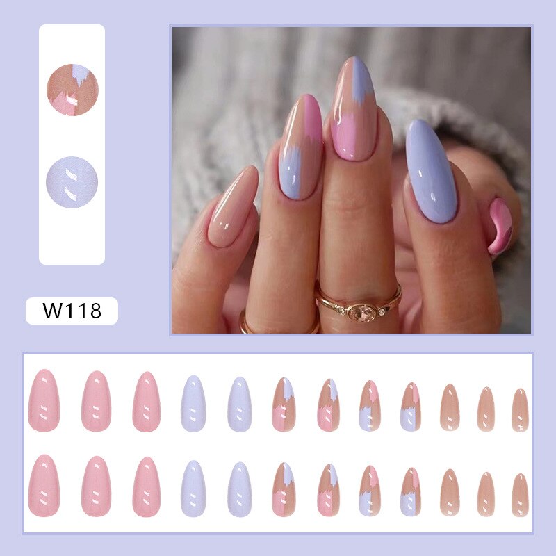 24P Artificial Full Coverage Fake Nails with Glue Press on Nail DIY Manicure Oval Head False Nails Pink Almond Nail Art Set Tips