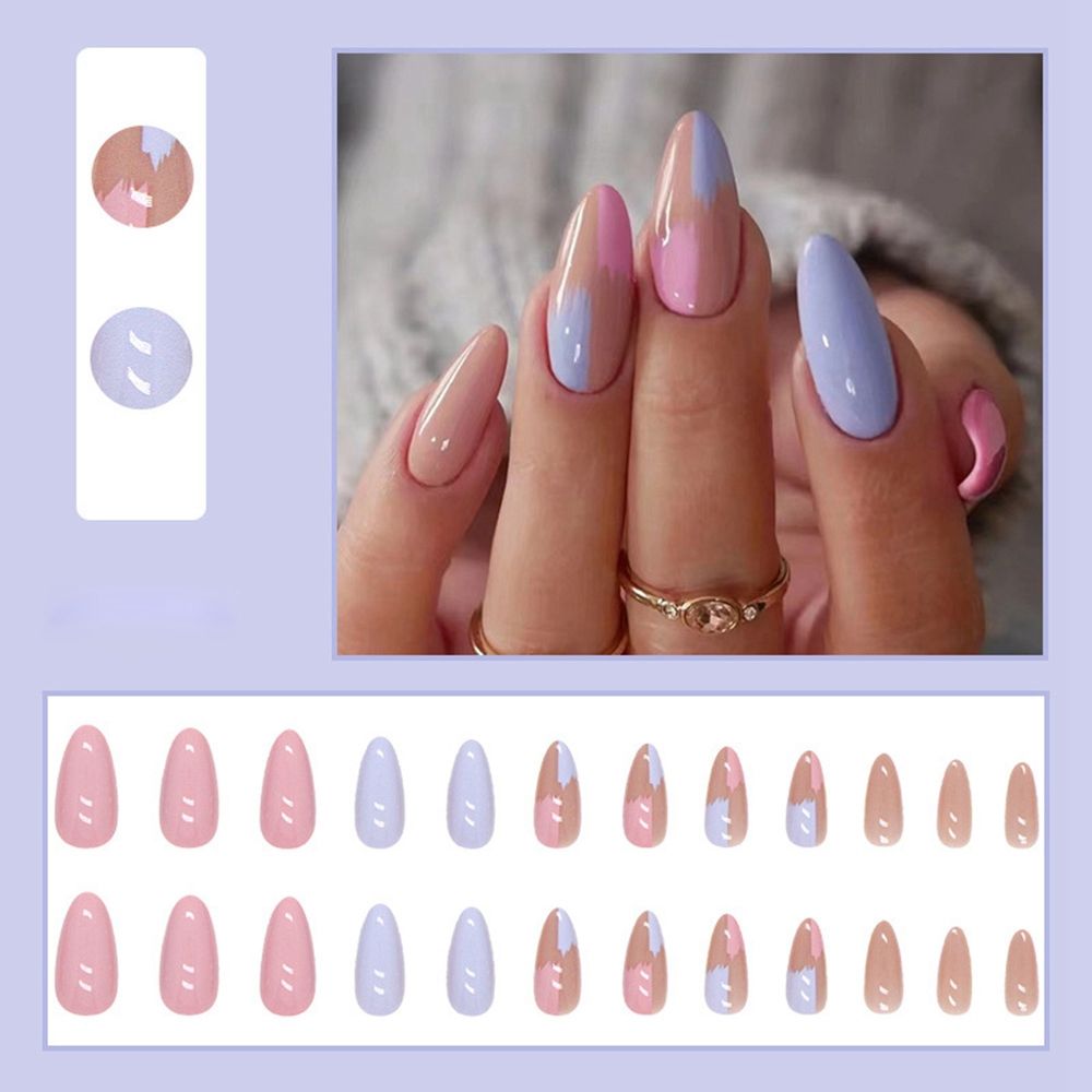 24pcs/Box Ballerina Nail Tip Purple with Design Manicure Patches Fresh Floral Almond False Nails Press on Med Nails Detachable