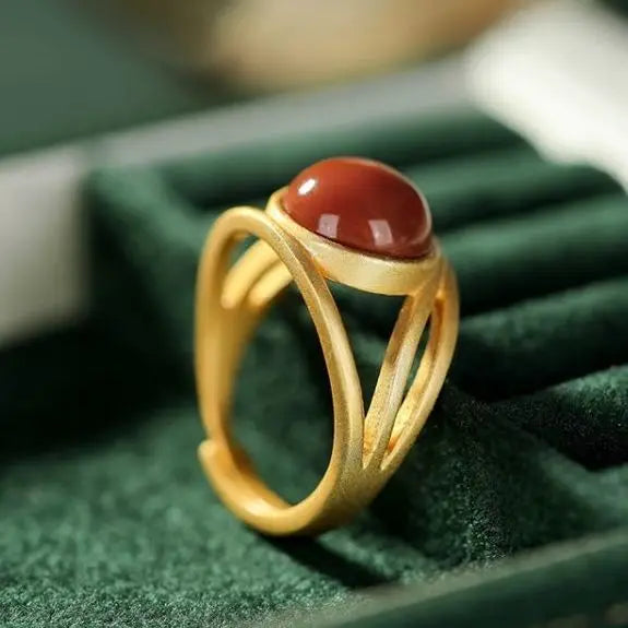 S925 Sterling Silver Gilding Inlaid Southern Red Agate Ring Oval Agate Ring Women's Open Ring Hand Jewelry