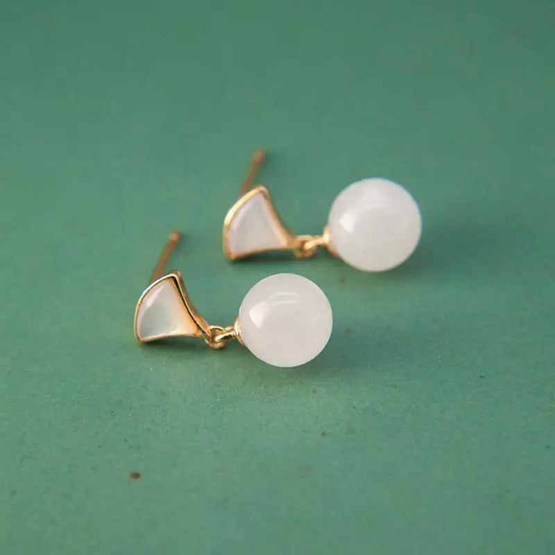 Natural Hetian White Jade Stud Earring Women's Natural Simple and Compact S925 Sterling Silver Chinese Style Retro National Styl