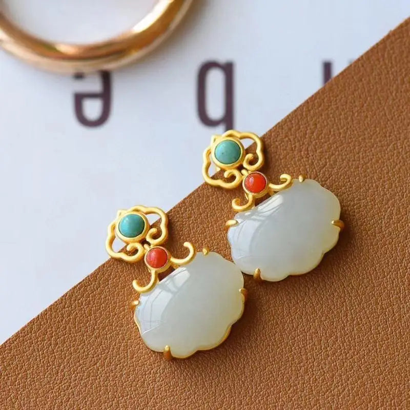 New Ancient Style Turquoise S925 Sterling Silver Chinese Classical White Jade Purse Lock of Good Wishes Court Stud Earrings