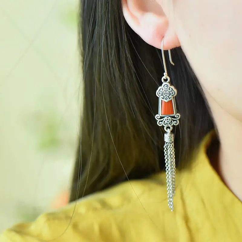 Ancient Style Old Silver Tassel Earrings Distressed S925 Sterling Silver Inlaid Southern Red Agate Earrings Retro Ethnic
