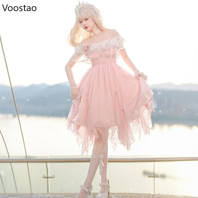 Lolita Princess OP Dress Women Elegant Sweet Rose Lace Pearl Chain Pink