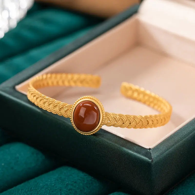 Original S925 Creative Gold Plated Southern Red Agate Open-Ended Bracelet Woven Fashion Slim/Thin Goddess Matching Personalized