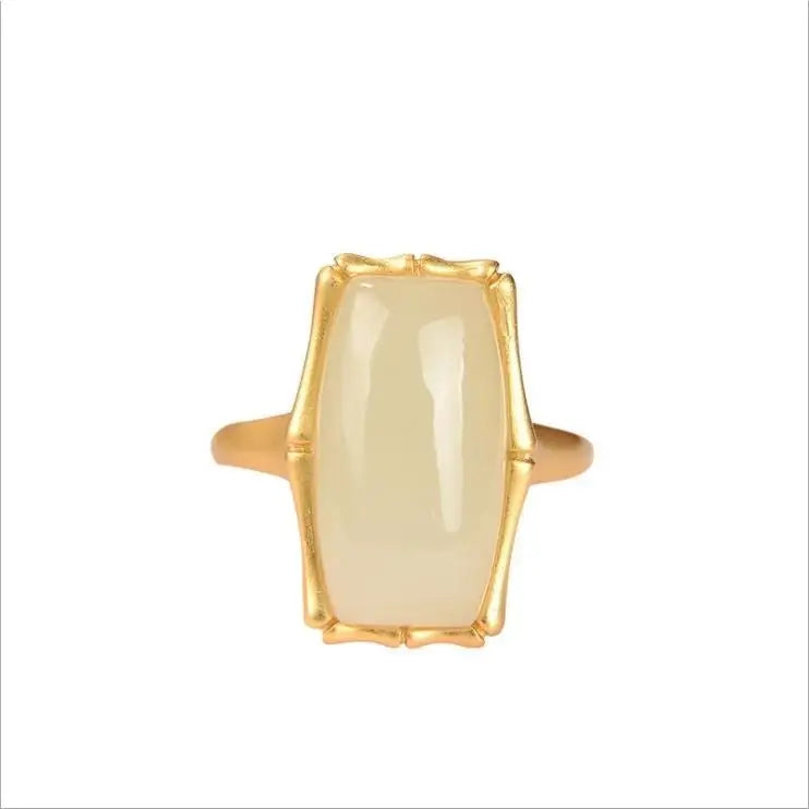 Natural Hetian Jade Geometric Ring S925 Sterling Silver Gold Plated Bamboo White Jade Rectangular Open Ring Fashion Silver
