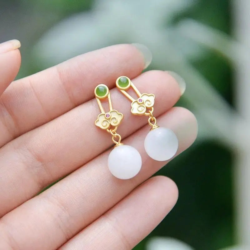 Natural Hetian Jade round White Jade Ruyi S925 Sterling Silver Female Stud Earrings Jade Antique and Ethnic Style Retro Female E
