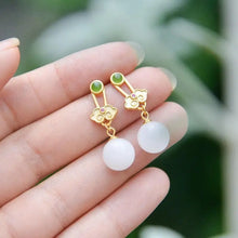 Load image into Gallery viewer, Natural Hetian Jade round White Jade Ruyi S925 Sterling Silver Female Stud Earrings Jade Antique and Ethnic Style Retro Female E
