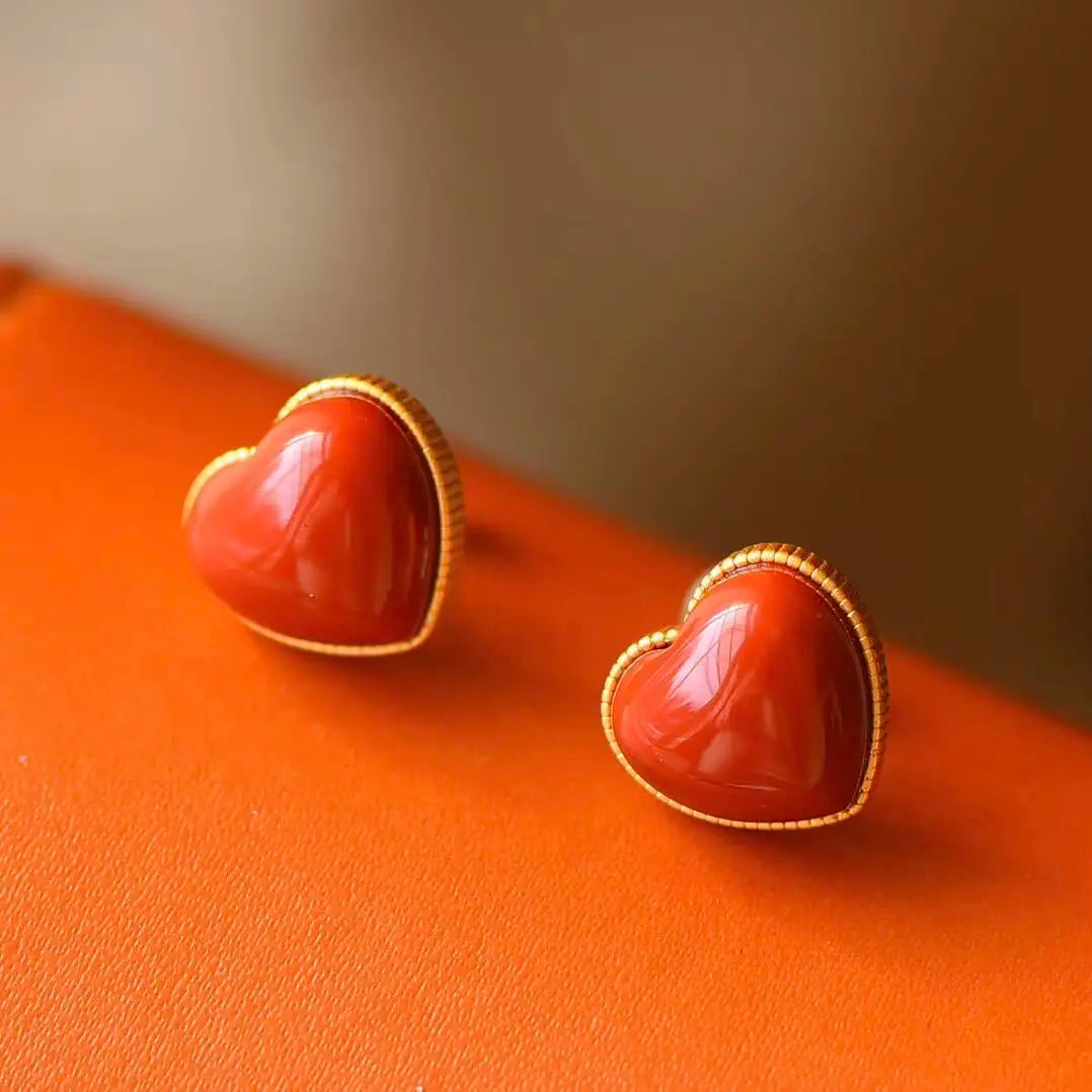 Southern Red Agate Stud Earrings Female with Hearts S925 Sterling Silver Gold Heart-to-Heart Print Earrings Personality Girl's E