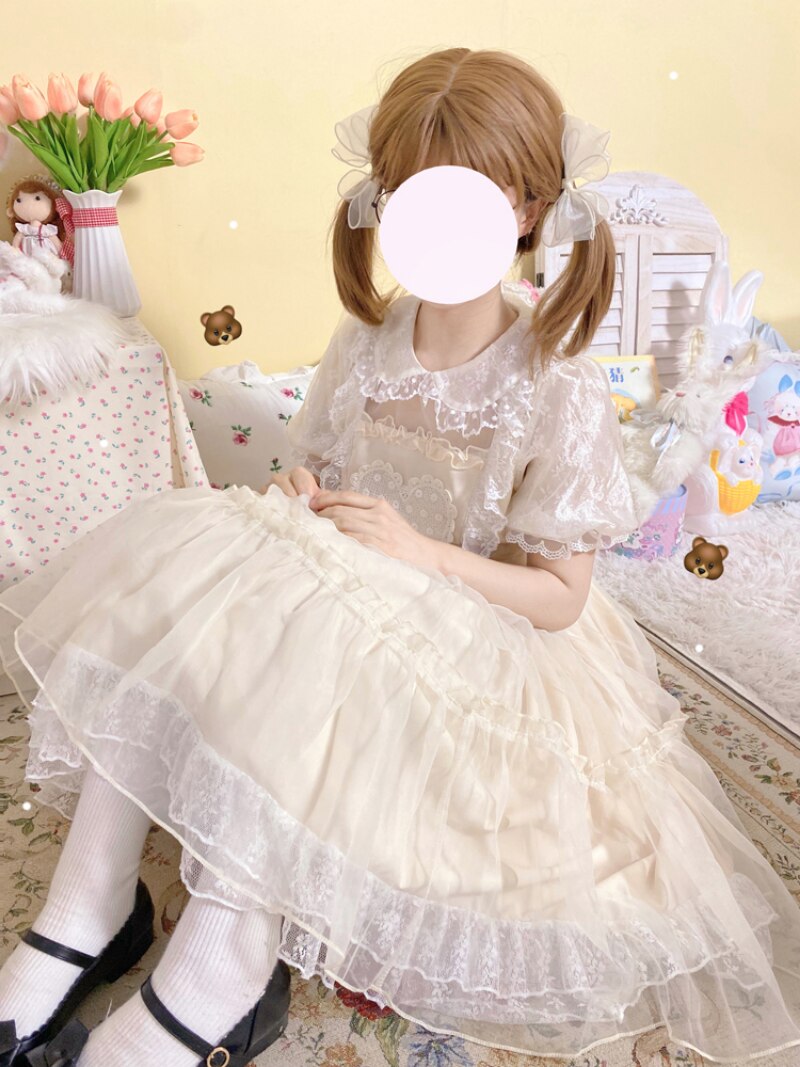 Japanese Sweet Lolita Princess Dress Women Kawaii Lace Ruffles Heart Embroidery Party Dresses Girls Cute Puff Sleeve Cake Dress