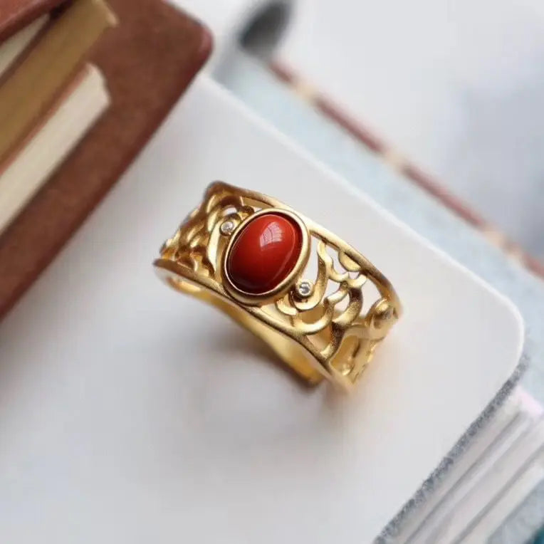 S925 Sterling Silver Vintage Auspicious Cloud Pattern Ring Gilding Natural Inlaid Southern Red Agate Ring Switchable Index Finge