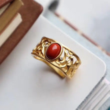 Load image into Gallery viewer, S925 Sterling Silver Vintage Auspicious Cloud Pattern Ring Gilding Natural Inlaid Southern Red Agate Ring Switchable Index Finge
