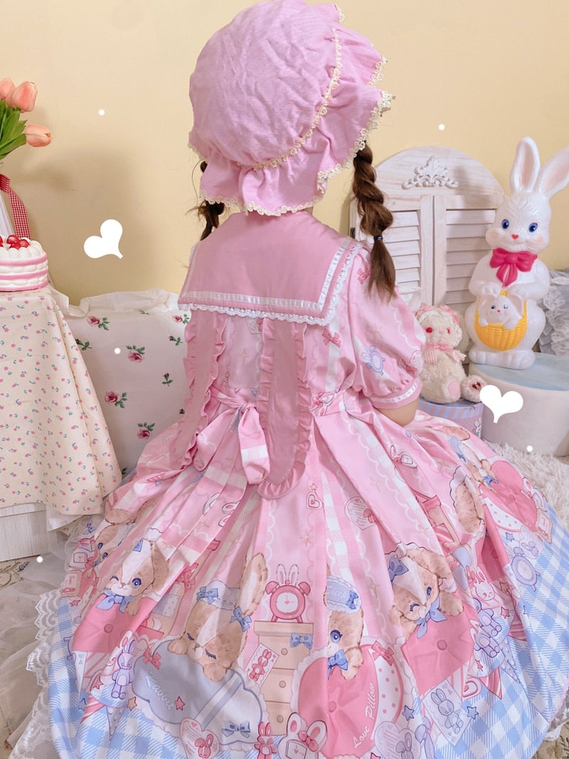 Sweet Rabbit Ears Sailor Collar Good Night Bunny Party Dresses