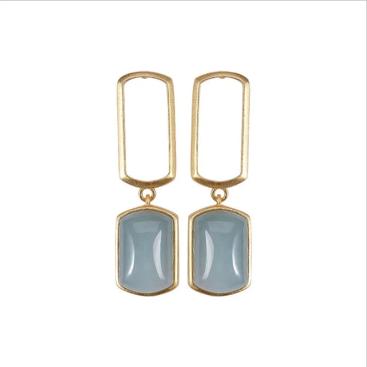 Original Design Geometric Earrings S925 Silver Golden Hollow Jade Earrings Personality Women's Fashion Stud Earrings Sliver Orna