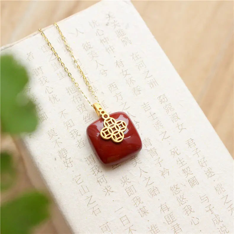 South Red Square Pendant Sterling Silver Gold-Plated Chinese Knot Agate Stone Geometric Pendant Palace Style Pendant