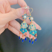 Load image into Gallery viewer, S925 Sterling Silver Gold Plated Cloisonne Natural Hetian Jade Palace Antiquity Temperament Ladies Tassel Earrings Eardrops
