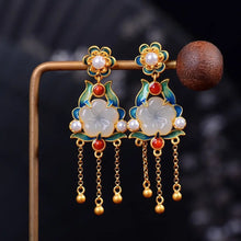 Load image into Gallery viewer, Retro Style S925 Sterling Silver Gold-Plated Design Inlaid Natural Hetian Jade Flower Earrings Roasted Blue Pearl Women&#39;s
