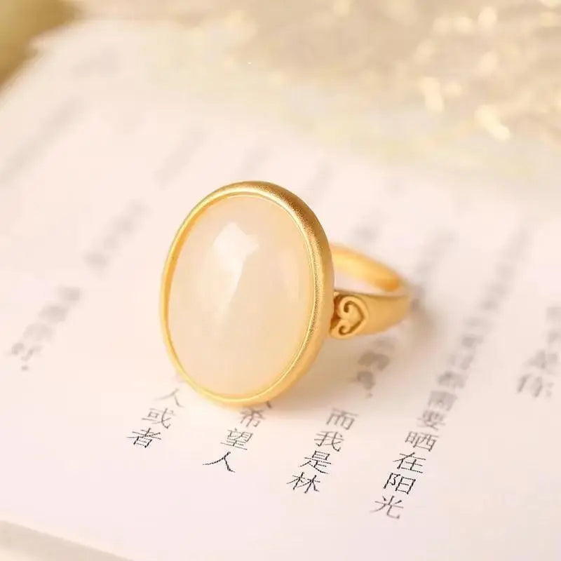 Natural Hetian Jade Women's Ancient Gold Craft Egg Surface Elegant Open Mouth Frosted Gold Jade Ring High-Grade Bracelet