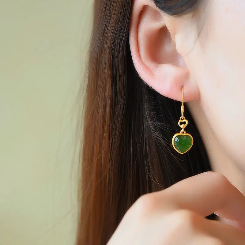 S925 Sterling Silver Love Heart Earrings Inlaid Natural Hetian Jade Green Jade Heart-Shaped Earrings Hollow Palace Style Eardrop