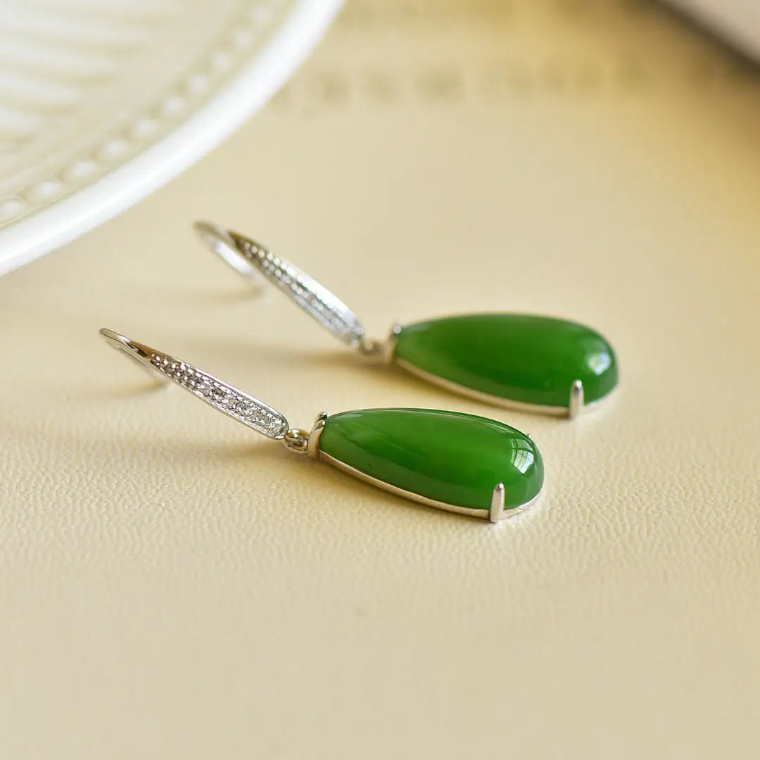 Natural Hetian Jade Green Jade Water Drop Jade Earrings Spinach Green Women's Earrings Earrings Ethnic Style Gifts for Girlfrien
