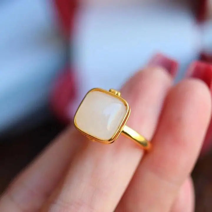 S925 Sterling Silver Inlaid Hetian White Jade Perfume Bag Ring Simple Fashion Ancient Gilding Craft Opening Adjustable Female
